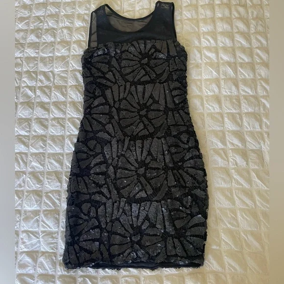 Sky Fedia Black Sequin Mesh Mini dress